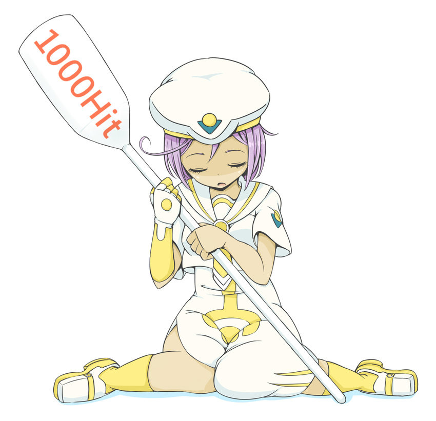 aria asymmetrical_clothes athena_glory beret bob_cut closed_eyes crop_top dark_skin dress elbow_gloves eyelashes full_body gloves hat highres hits necktie oar open_mouth purple_hair sailor shadow shoes short_hair simple_background single_glove sitting sleeping sleeping_upright socks solo uniform very_short_hair yellow_legwear zukaketawagase