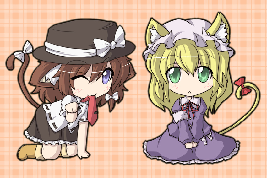 :&lt; animal_ears blonde_hair brown_hair cat_ears cat_tail chibi fushigi_ebi green_eyes hat kemonomimi_mode maribel_hearn mouth_hold multiple_girls necktie one_eye_closed paw_pose purple_eyes tail touhou usami_renko