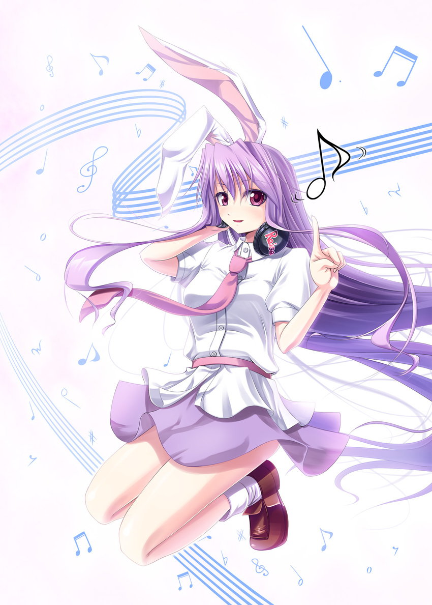 animal_ears beamed_sixteenth_notes bunny_ears eighth_note eighth_rest flat_sign half_note headphones highres jumping kuga_(rinkane) listening_to_music long_hair musical_note necktie pink_eyes pink_neckwear pointing purple_hair quarter_note reisen_udongein_inaba sharp_sign solo staff_(music) touhou treble_clef very_long_hair whole_note