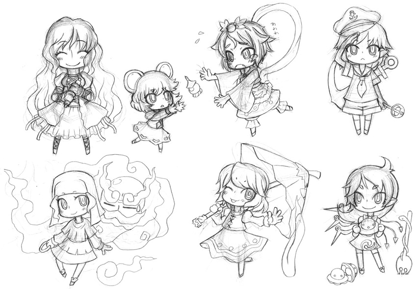 chibi greyscale hijiri_byakuren hood houjuu_nue jon_henry_nam kumoi_ichirin monochrome multiple_girls murasa_minamitsu nazrin sketch tatara_kogasa toramaru_shou touhou traditional_media undefined_fantastic_object unzan