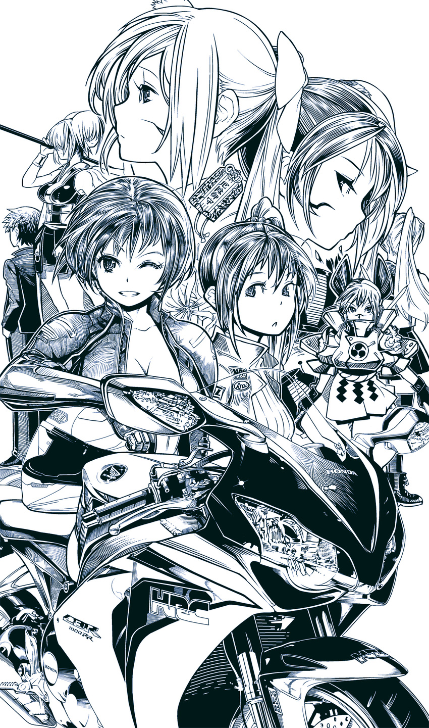 6+girls bad_id bad_pixiv_id bodysuit ground_vehicle highres kikukawa_norihiko monochrome motor_vehicle motorcycle multiple_girls one_eye_closed original