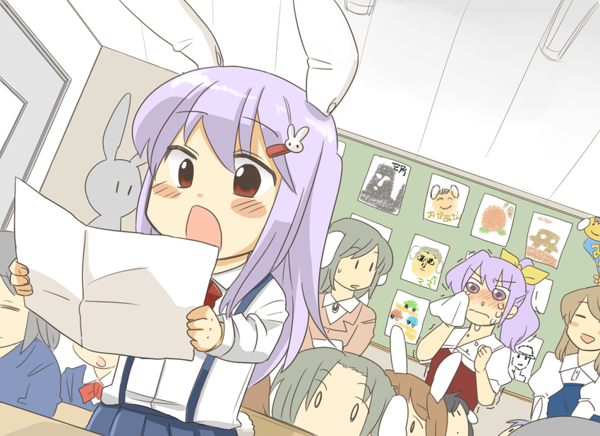 animal_ears blush blush_stickers bunny_ears bunny_tail child_drawing classroom closed_eyes koyama_shigeru multiple_girls open_mouth purple_hair red_eyes reisen_udongein_inaba school tail tears tissue touhou trembling watatsuki_no_toyohime watatsuki_no_yorihime younger |_|