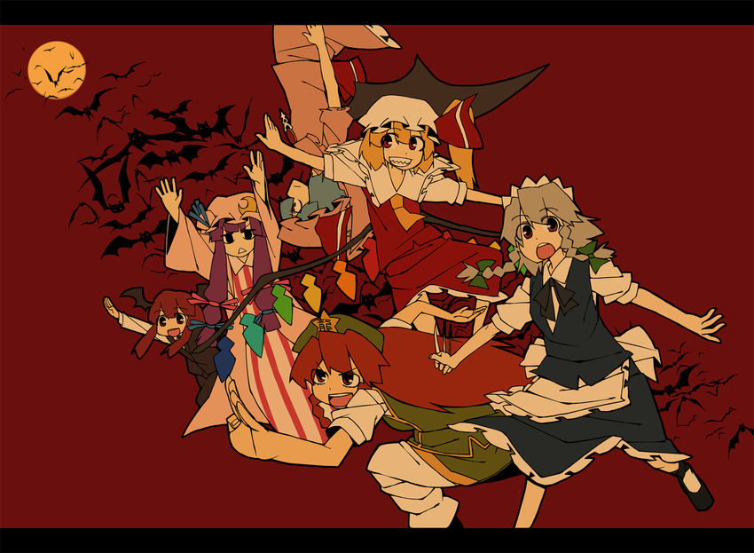 :&lt; :d :o arms_up bad_id bad_pixiv_id bat bat_wings blonde_hair blue_hair bu-n flandre_scarlet grin hat head_wings hong_meiling izayoi_sakuya knife koakuma maid moon multiple_girls open_mouth outstretched_arms pac-man_eyes patchouli_knowledge purple_hair red_eyes red_hair remilia_scarlet sharp_teeth silver_hair smile spread_arms teeth the_embodiment_of_scarlet_devil touhou upside-down wings yaza