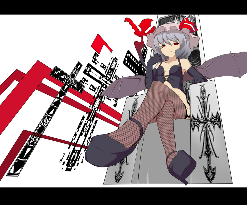 bad_id bad_pixiv_id bat_wings crossed_legs elbow_gloves fishnet_legwear fishnets foreshortening from_below gloves grey_hair hamu_(i33095) hat no_pants red_eyes remilia_scarlet shoes short_hair sitting solo thighhighs throne touhou wings