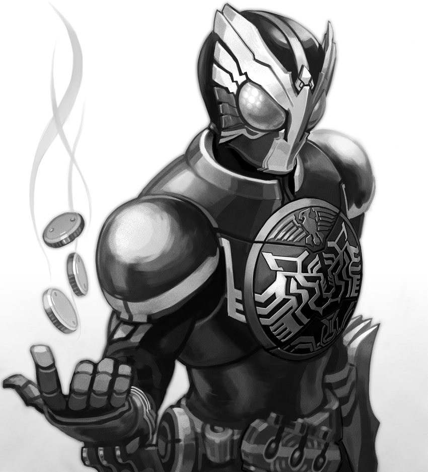 greyscale highres kamen_rider kamen_rider_ooo kamen_rider_ooo_(series) male_focus masn_(moxi) medal monochrome o_medal solo