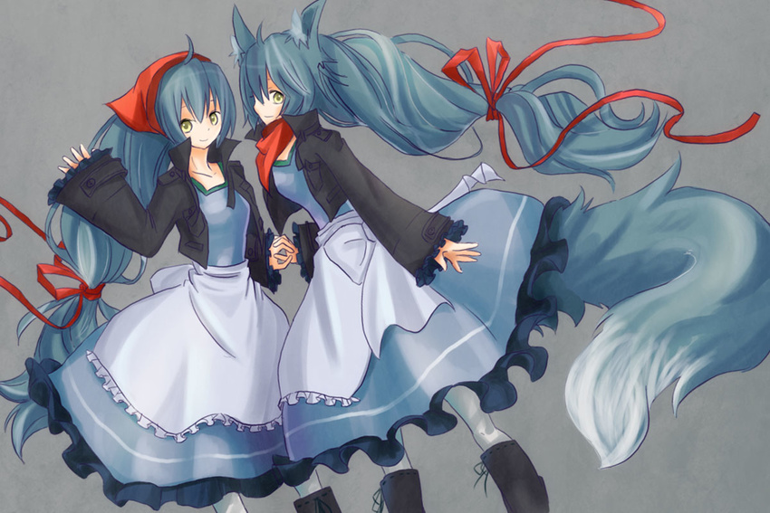 ahoge alternate_form animal_ears apron blue_hair boots dress dual_persona frills hair_ribbon head_scarf holding_hands jacket long_hair looking_back multiple_girls neckerchief nekoya_saki oborozuki_uta original pantyhose ponytail ribbon simple_background smile tail touhou very_long_hair waving werewolf wolf_ears wolf_tail yellow_eyes