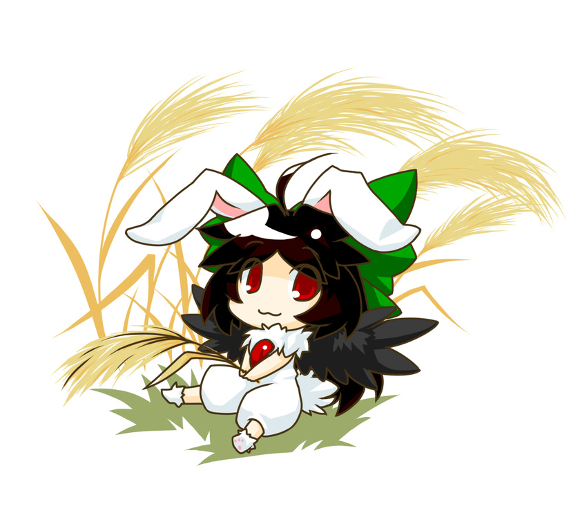 ahoge animal_ears black_hair bow bunny_ears bunny_tail chaotic_dragon eyes green_bow hair_bow kemonomimi_mode red_eyes reiuji_utsuho short_hair solo tail touhou wings