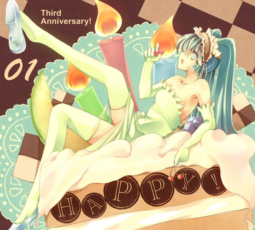 aqua_eyes aqua_hair bad_id bad_pixiv_id cake candle cherry dress elbow_gloves food fruit gloves hatsune_miku high_heels highres holding holding_food holding_fruit in_food legs long_hair minigirl otogi_kyouka shoe_dangle shoes solo strapless strapless_dress strawberry thighhighs twintails very_long_hair vocaloid
