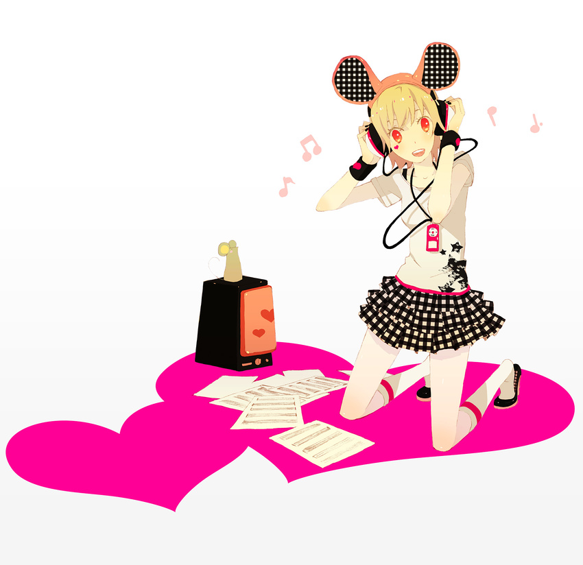 animal_ears bad_id bad_pixiv_id beamed_eighth_notes digital_media_player eighth_note headphones highres ipod kuko mouse mouse_ears musical_note original plaid plaid_skirt sheet_music shoes skirt socks solo wristband