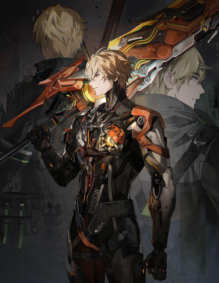 1boy absurdres blonde_hair chinese_commentary chromatic_aberration commentary_request greatsword highres holding holding_sword holding_weapon horns kamui:_aeternion_(pgr) kamui:_bastion_(pgr) kamui:_tenebrion_(pgr) kamui_(pgr) looking_to_the_side male_focus mechabare mechanical_arms multiple_views over_shoulder parted_lips punishing:_gray_raven secretfj520 single_horn sword sword_over_shoulder weapon weapon_over_shoulder yellow_eyes