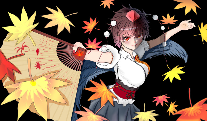 1girl autumn_leaves bird_wings black_background black_skirt brown_hair commentary_request hat highres leaf looking_at_viewer looking_to_the_side maple_leaf pom_pom_(clothes) red_eyes red_sash sash shameimaru_aya shirt short_hair short_sleeves skirt solo tokin_hat touhou user_xkrd4252 white_shirt wings