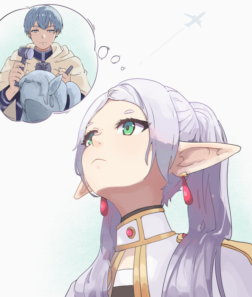 1boy 1girl blue_eyes blue_hair blue_jacket cloak closed_mouth commentary earrings elf frieren green_eyes grey_hair hammer highres himmel_(sousou_no_frieren) holding holding_chisel holding_hammer jacket jewelry long_hair meme pointy_ears purapi sculpting sculpture short_hair smile sousou_no_frieren twintails upward_angle_frieren_drawing_(meme) white_cloak