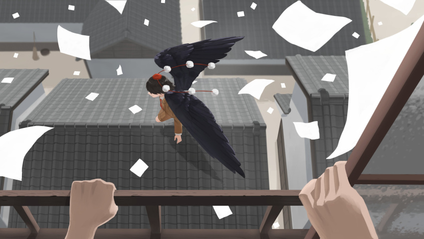 1girl 1other absurdres bird_wings black_hair brown_coat brown_shorts building coat commentary_request feathered_wings flying from_above full_body hat highres ktune_udon long_sleeves necktie official_alternate_costume outdoors paper pom_pom_hat_ornament pov pov_hands red_necktie shameimaru_aya shameimaru_aya_(newsboy) shirt short_hair shorts solo_focus tile_roof tokin_hat touhou white_shirt wide_shot wings