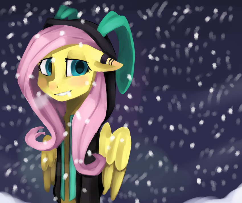 absurd_res blue_eyes clothed clothing equine female feral fluttershy_(mlp) friendship_is_magic fur hair half-closed_eyes hi_res horse kmrshy looking_at_viewer mammal my_little_pony outside pegasus pink_hair pony snow snowing solo wings yellow_fur