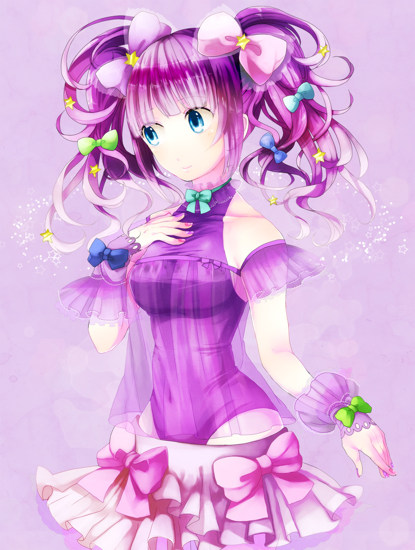 bad_id bad_pixiv_id blue_hair bow breasts covered_navel dress frilled_skirt frills hair_ornament hair_ribbon hand_on_own_chest highres layered_skirt medium_breasts nizakana_takaharu original pink_background pink_bow purple_hair ribbon short_sleeves simple_background skirt solo standing star twintails wrist_cuffs