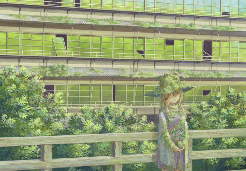 building hat miso_pan moriya_suwako moss overgrown plant ruins scenery solo staring touhou