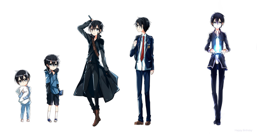 5boys black_eyes black_hair coat highres jianmo_sl kirito male_focus multiple_boys multiple_persona pillow school_uniform short_hair sword_art_online time_paradox younger