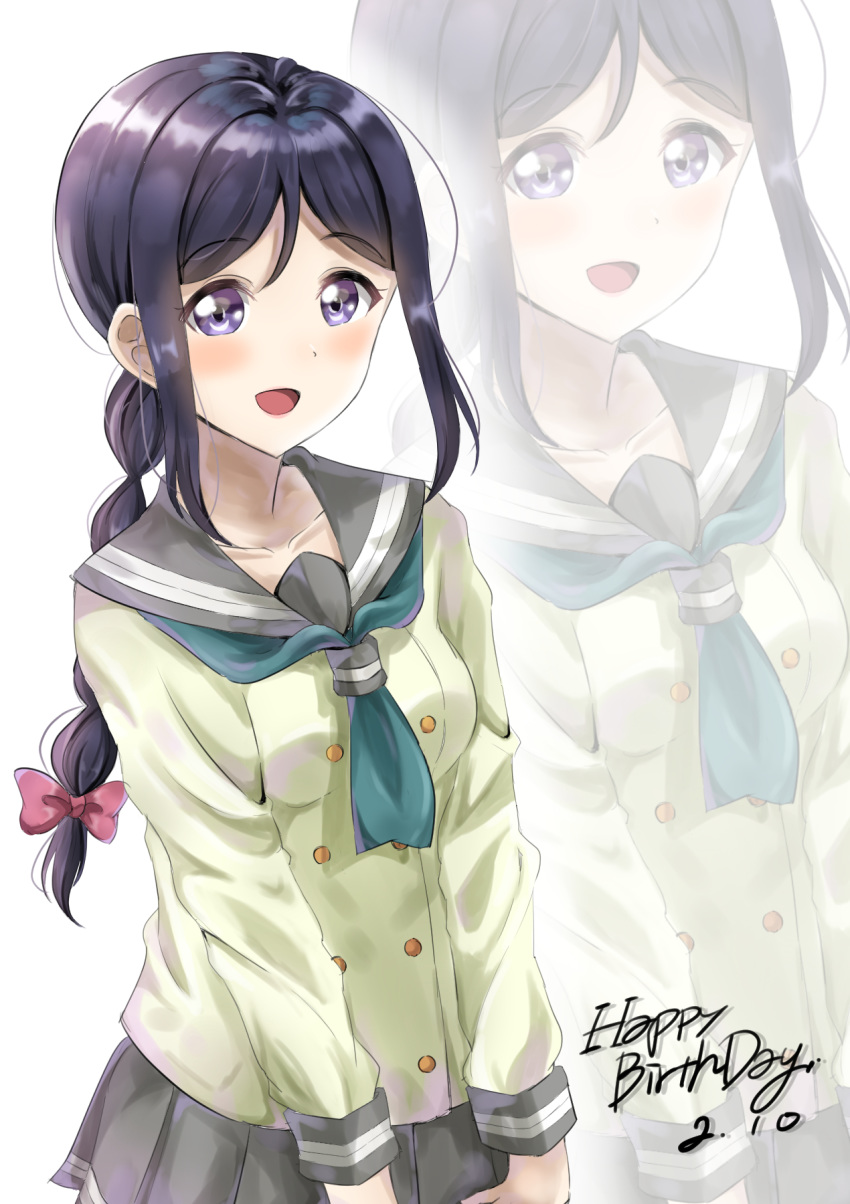 1girl :d bangs black_hair blue_neckwear blush bow braid collarbone commentary_request dated eyebrows_visible_through_hair green_shirt grey_sailor_collar grey_skirt hair_between_eyes hair_bow happy_birthday highres long_hair long_sleeves love_live! love_live!_sunshine!! low_ponytail matsuura_kanan open_mouth pink_bow pleated_skirt purple_eyes sailor_collar school_uniform serafuku shirt sidelocks simple_background sin_(sin52y) single_braid skirt smile solo very_long_hair white_background zoom_layer