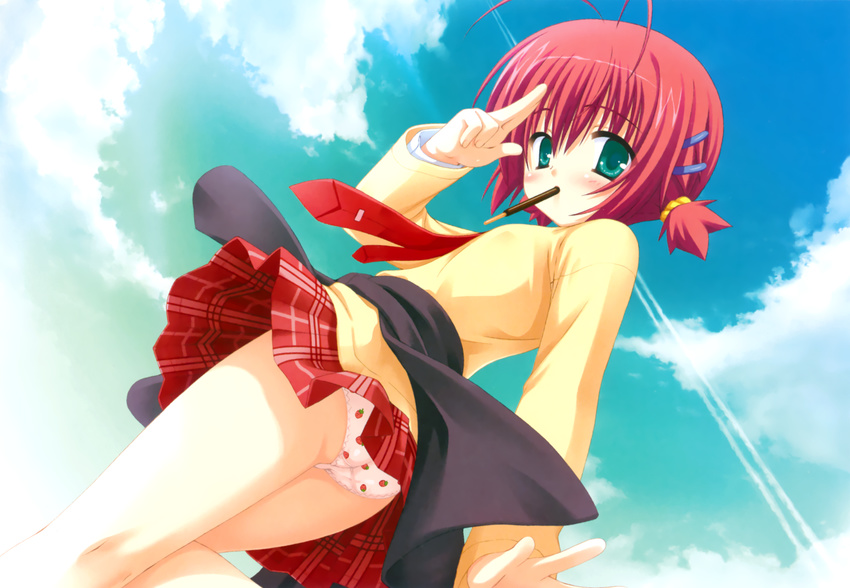 bra-ban! ebihara_minase green_eyes muririn panties pocky red_hair scan seifuku short_hair skirt sky tie underwear upskirt yuzusoft