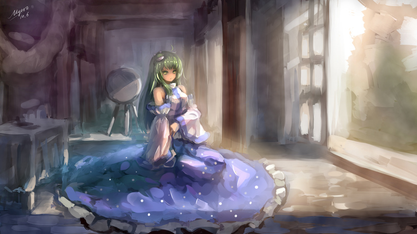 bare_shoulders detached_sleeves dress frog_hair_ornament green_eyes green_hair hair_ornament highres instrument kochiya_sanae long_hair long_sleeves looking_at_viewer myero open_clothes open_dress shirt signature sitting skirt skirt_set solo taiko_drum touhou wide_sleeves