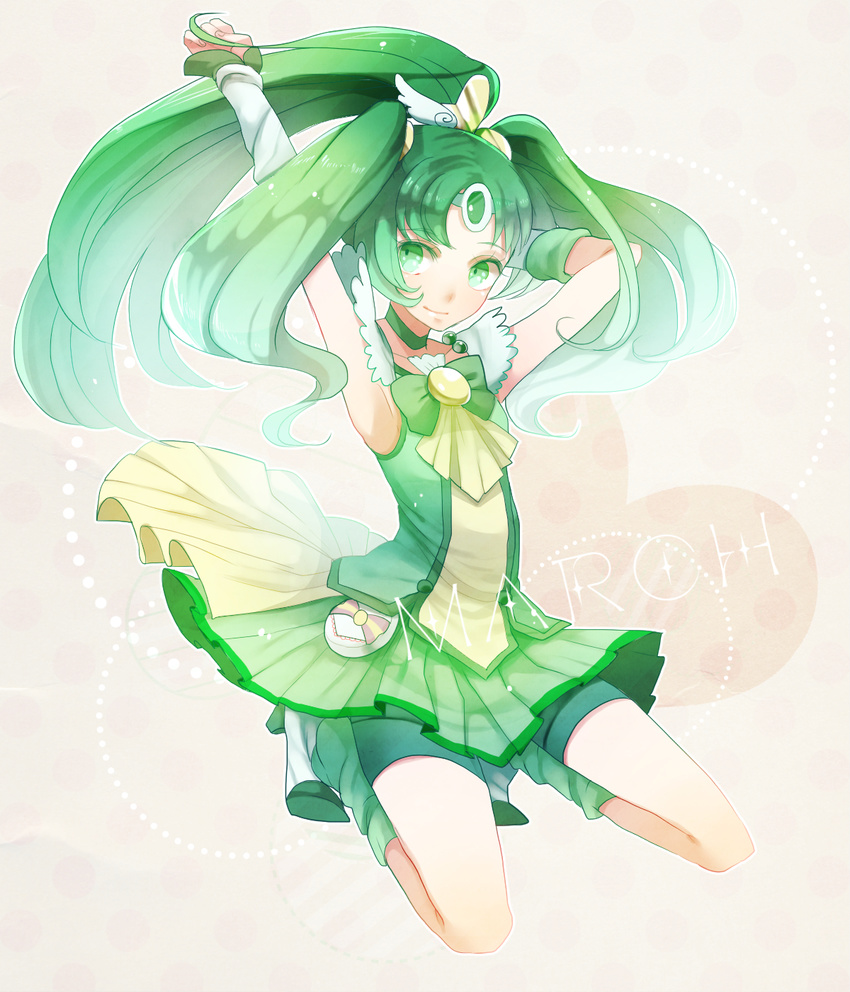 arm_warmers bad_id bad_pixiv_id bike_shorts boots choker cure_march detached_sleeves fingerless_gloves gloves green green_choker green_eyes green_hair green_legwear green_shorts green_skirt hair_ornament happy high_heels highres jewelry long_hair looking_at_viewer magical_girl midorikawa_nao nizakana_takaharu ponytail precure ribbon shorts shorts_under_skirt skirt smile smile_precure! solo tiara tri_tails very_long_hair wrist_cuffs