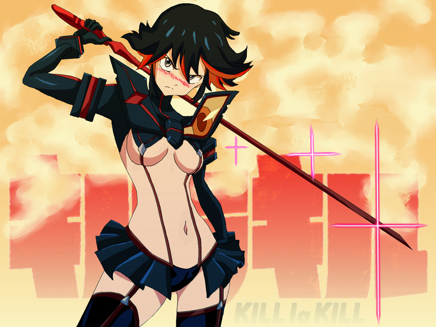 blush breasts copyright_name kill_la_kill matoi_ryuuko medium_breasts multicolored_hair revealing_clothes scissor_blade senketsu short_hair suspenders sword underboob weapon zeke_(analogmon)