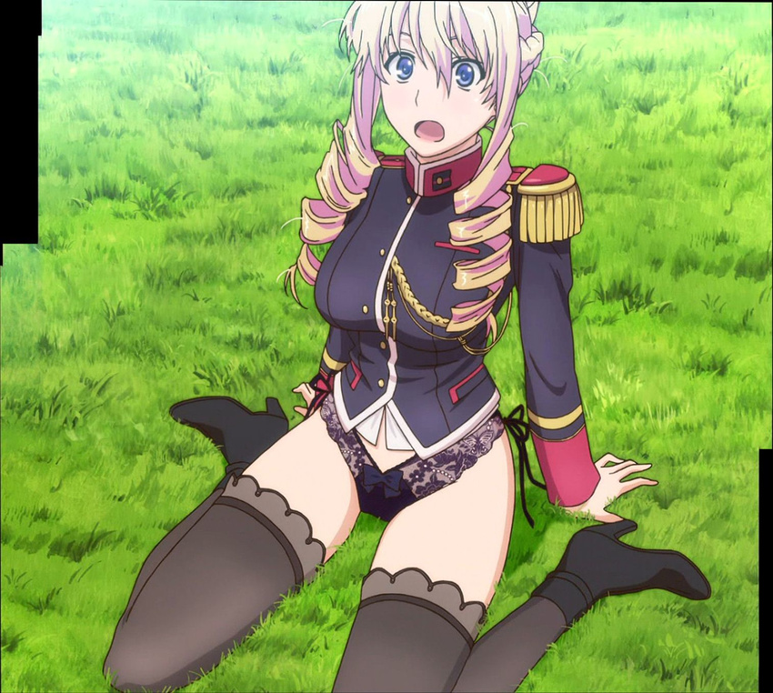 :o bertille_althusser blonde_hair blue_eyes blush boots drill_hair epaulettes grass highres no_pants open_mouth panties screencap solo stitched thighhighs third-party_edit twin_drills twintails underwear walkure_romanze