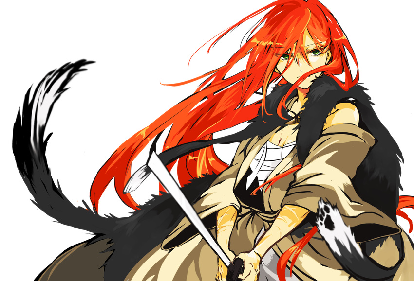 bad_id bad_pixiv_id fur highres long_hair masyumarokuru red_hair sarashi shut_hell shut_hell_(character) solo weapon
