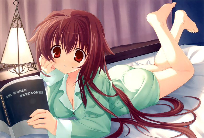 barefoot bed book bra-ban! brown_hair cleavage kobuichi long_hair nakanoshima_tae possible_duplicate yuzusoft