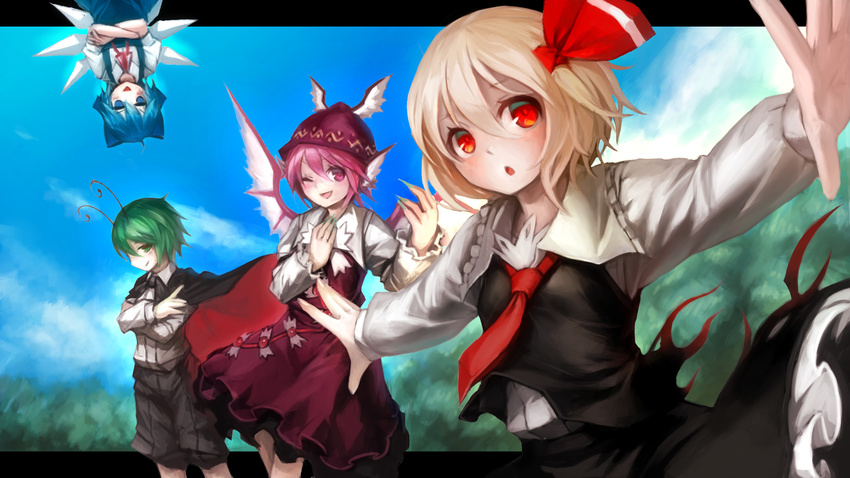 animal_ears antennae blonde_hair blue_eyes blue_hair blush bow cape cirno crossed_arms dress green_eyes green_hair hair_bow hair_ribbon hand_on_own_chest hat highres letterboxed multiple_girls mystia_lorelei one_eye_closed open_mouth outstretched_arms pink_hair red_eyes ribbon rumia short_hair skirt smile spark621 team_9 touhou upside-down wings wriggle_nightbug