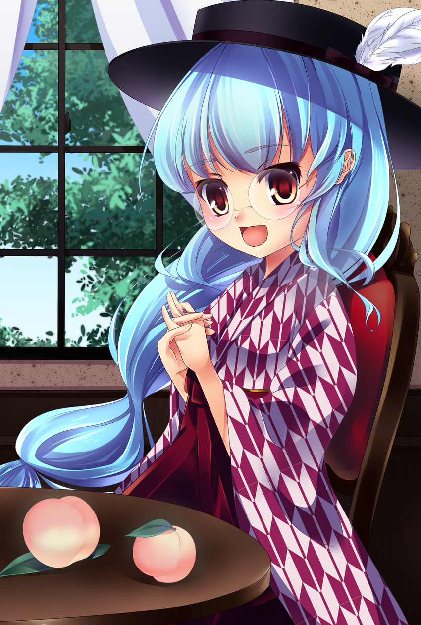 absurdres alternate_costume bespectacled blue_hair blue_sky chair curtains day food fruit glasses hands_clasped hat hat_feather hat_ribbon highres hinanawi_tenshi indoors interlocked_fingers japanese_clothes kimono kuru2pantu leaf long_hair looking_at_viewer low-tied_long_hair meiji_schoolgirl_uniform open_mouth own_hands_together peach red_eyes ribbon rimless_eyewear sky solo table touhou tree very_long_hair window yagasuri