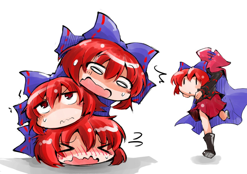 &gt;_&lt; :&lt; bow cape closed_eyes disembodied_head hair_bow headless open_mouth red_eyes red_hair sekibanki severed_head shinapuu shirt simple_background skirt solo stacking touhou wavy_mouth white_background |_|