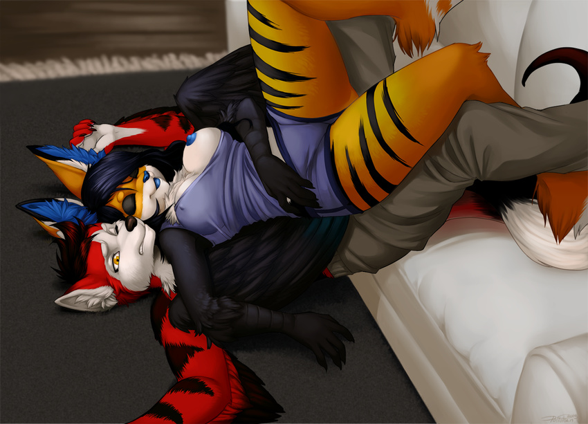 amber_eyes anthro areola bed big_ears black_hair black_nose blue_nipples blue_nose breasts canine chest_tuft clothing duo eyes_closed female fox fur hair happy hug hybrid legs_up lying male mammal multicolor_fur nipples on_back one_breast_out one_eye_closed orange_fur pants pollo-chan red_fur room shirt shorts side_view sleeping sofa spread_legs spreading tuft two_tone_fur wings wood yellow_fur