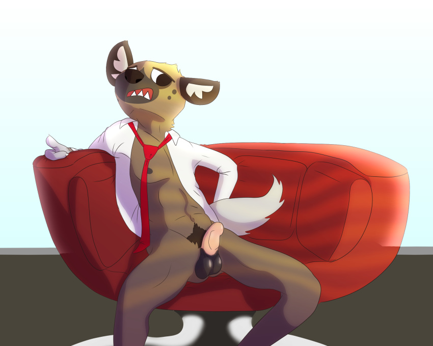 aggressive_retsuko anthro balls bottomless clothed clothing digital_media_(artwork) fryegg haida hyaenid inside male necktie open_shirt partially_clothed penis presenting pubes sitting solo spread_legs spreading