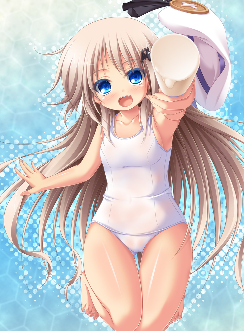 absurdres blue_eyes fang food hat hat_removed headwear_removed highres little_busters! long_hair mizunoe_kotaru noumi_kudryavka one-piece_swimsuit popsicle school_swimsuit silver_hair swimsuit white_school_swimsuit white_swimsuit