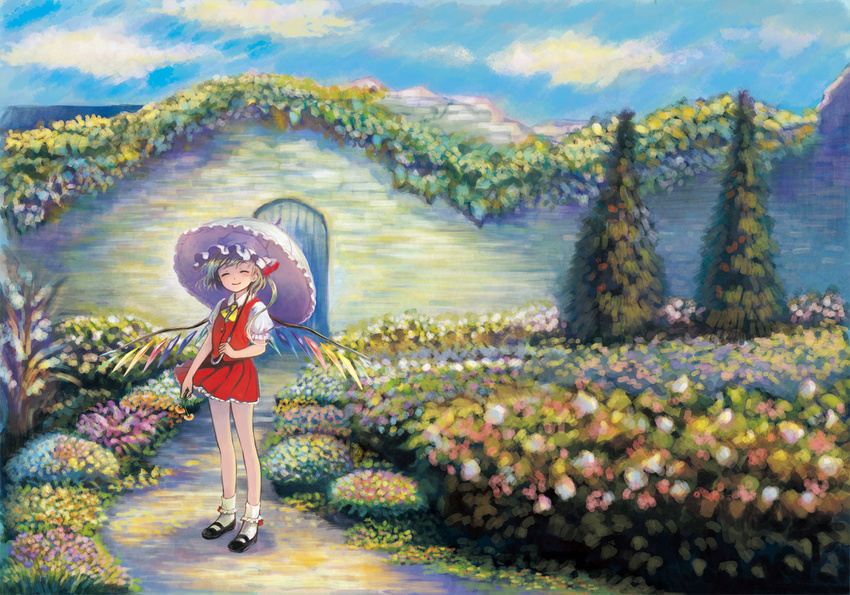 ^_^ asymmetrical_hair black_footwear blonde_hair blurry blush bobby_socks closed_eyes cloud crystal day depth_of_field door field fir_tree flandre_scarlet flower flower_field garden hat hat_ribbon holding holding_flower holding_umbrella long_hair mary_janes mob_cap neck_ribbon outdoors parasol puffy_short_sleeves puffy_sleeves rainbow_order red_ribbon red_skirt red_vest ribbon road shirt shoes short_sleeves side_ponytail skirt skirt_set sky smile socks solo standing sugi touhou tree umbrella vest white_legwear white_shirt wings yellow_neckwear yellow_ribbon