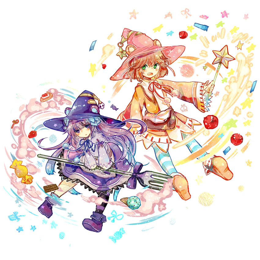 apple brown_hair candy chocolate dress dumpty_alma emil_chronicle_online food fork fruit green_eyes hat highres long_hair multiple_girls open_mouth pie purple_eyes purple_hair puzzle_&amp;_dragons sleeves_past_wrists smile star tiny_alma usako_clily wand witch witch_hat
