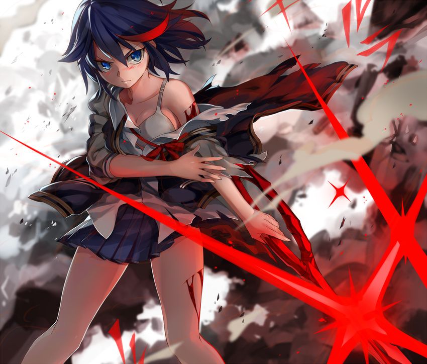 black_hair blood blue_eyes blush bow bra breasts cleavage cuts dust_cloud highres injury kill_la_kill matoi_ryuuko medium_breasts mizushirazu multicolored_hair off_shoulder red_hair ribbon school_uniform scissor_blade short_hair skirt solo sword torn_clothes two-tone_hair underwear weapon