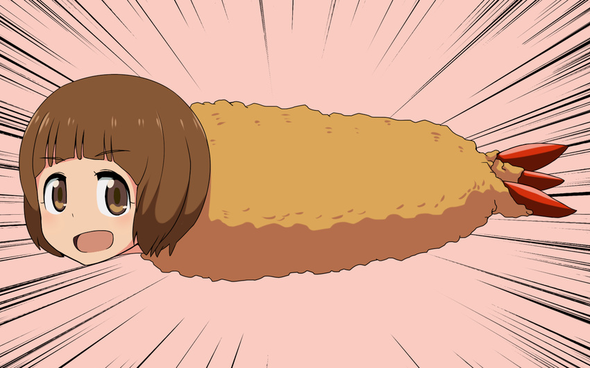 :d bad_id bad_pixiv_id brown_eyes brown_hair emphasis_lines food fusion izayoi_mirura kill_la_kill mankanshoku_mako open_mouth short_hair shrimp shrimp_tempura smile tempura