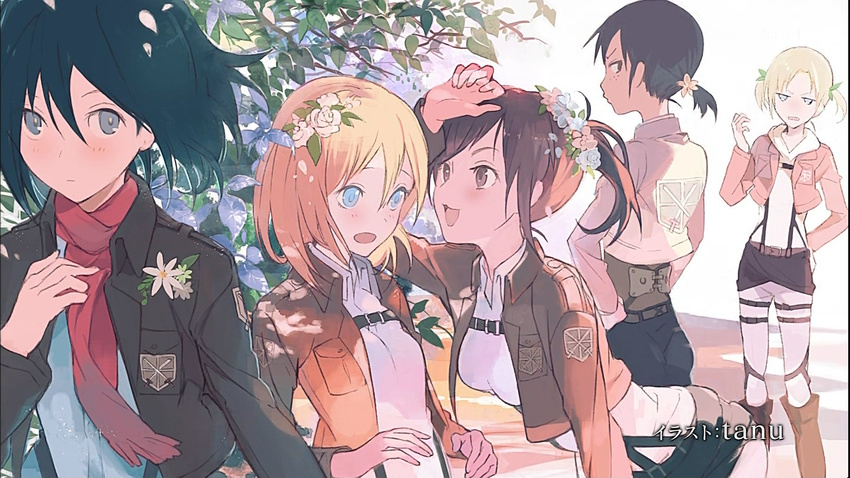 annie_leonhardt black_hair blonde_hair blue_eyes blush breasts brown_hair bush christa_renz cropped_jacket flower freckles hair_flower hair_ornament highres jacket kerchief long_sleeves medium_breasts mikasa_ackerman military military_uniform multiple_girls open_clothes open_jacket outdoors paradis_military_uniform petals plant red_scarf sasha_braus scarf shingeki_no_kyojin short_hair standing sunlight suspenders tanu training_corps_(emblem) uniform ymir_(shingeki_no_kyojin)