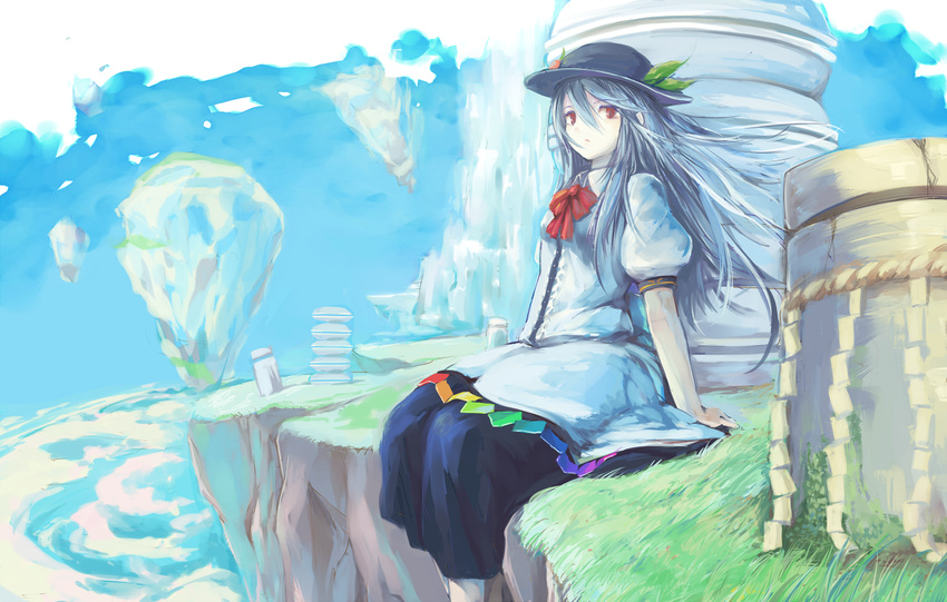 blue_hair bow cloud day food fruit grass hat hinanawi_tenshi leaf long_hair peach red_eyes sitting sky solo touhou yoss_3