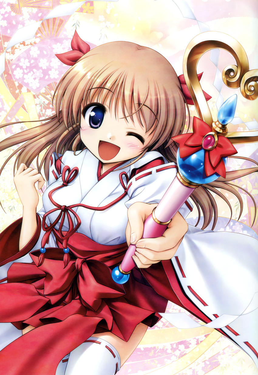 ;d absurdres bekkankou blue_eyes brown_hair daitoshokan_no_hitsujikai highres japanese_clothes miko one_eye_closed open_mouth ribbon-trimmed_legwear ribbon-trimmed_sleeves ribbon_trim shirasaki_tsugumi smile thighhighs wand white_legwear