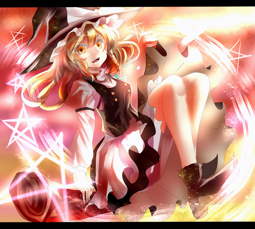 :d bad_id bad_pixiv_id blonde_hair braid broom broom_riding hat hat_ribbon hizagawa_rau kirisame_marisa letterboxed open_mouth pentagram ribbon side_braid smile solo touhou witch_hat yellow_eyes