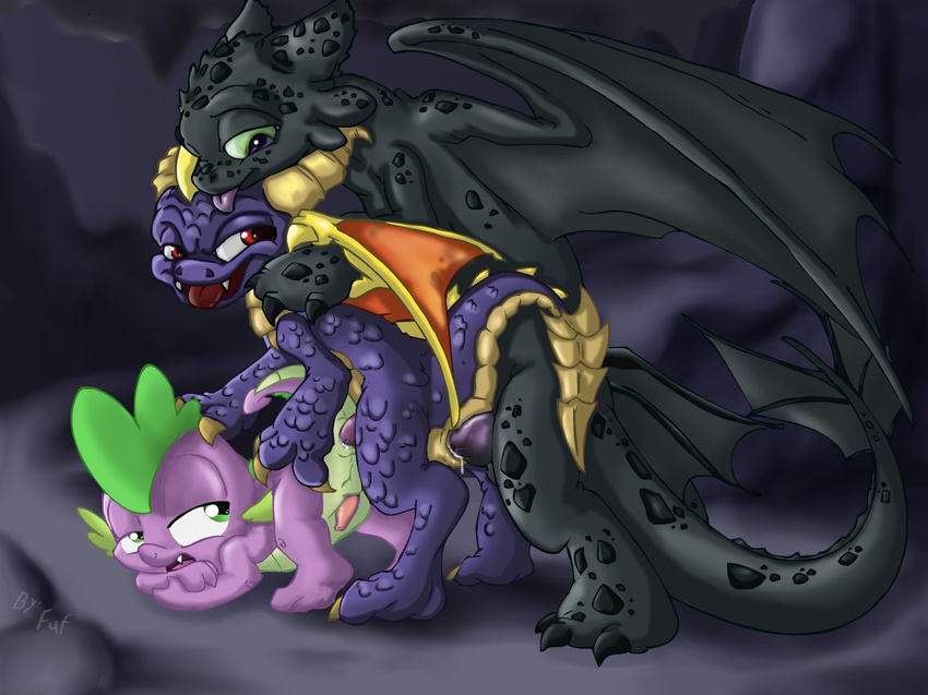 anus bent_over black_scales crossover cub dragon fangs feral friendship_is_magic fuf gay green_eyes group horn how_to_train_your_dragon looking_back male my_little_pony night_fury penetration penis purple_scales red_eyes scalie sex spike_(mlp) spyro spyro_the_dragon toothless video_games western_dragon wings young