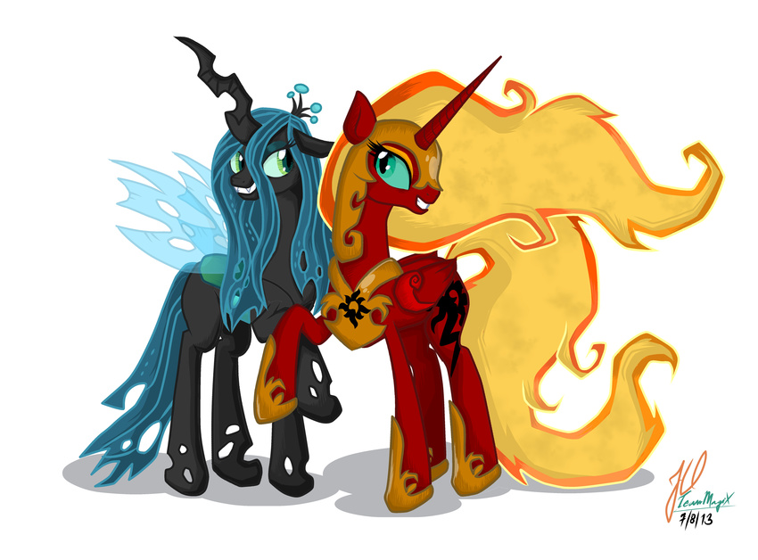 absurd_res armor black_body blue_hair changeling corruption crown cutie_mark duo equine evil eye_contact eyeshadow fangs female feral fire fire_hair friendship_is_magic fur green_eyes green_sclera hair helmet hi_res horn horse looking_back makeup mammal my_little_pony plain_background pony princess princess_celestia_(mlp) queen_chrysalis_(mlp) red_fur royalty sharp_teeth signature slit_pupils smile standing teammagix teeth text white_background winged_unicorn wings