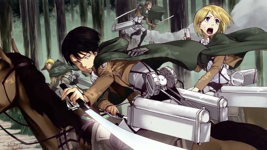 3boys auruo_bossard biting_tongue black_hair blonde_hair blood boots cape cropped_jacket emblem erd_gin highres horse knee_boots levi_(shingeki_no_kyojin) multiple_boys nagashii_kouhei official_art paradis_military_uniform petra_ral riding shingeki_no_kyojin short_hair survey_corps_(emblem) three-dimensional_maneuver_gear uniform