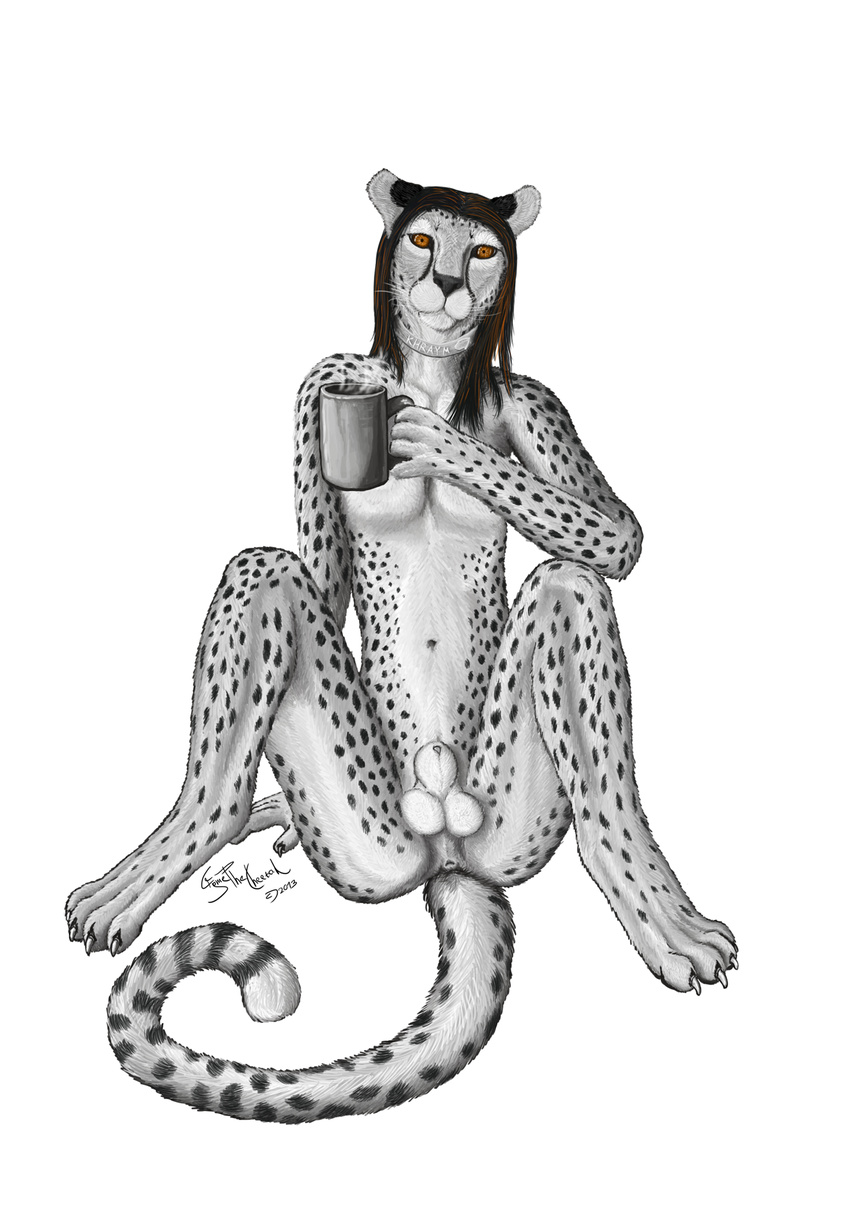 anatomically_correct anthro anus balls black_hair butt cheetah claws coffee collar cryme_the_cheetah cup feline fur girly hair invalid_tag khraym long_hair looking_at_viewer male mammal monochrome nude orange_eyes orange_hair paws plain_background presenting realistic shaded sheath sitting smile solo spots spread_legs spreading whiskers white_background