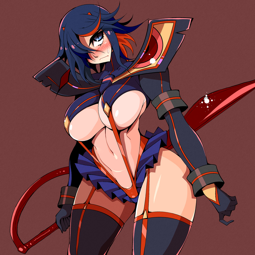 amano_taiki black_hair blush breasts highres kill_la_kill large_breasts matoi_ryuuko multicolored_hair revealing_clothes scissor_blade senketsu short_hair skirt suspenders thighhighs two-tone_hair underboob weapon