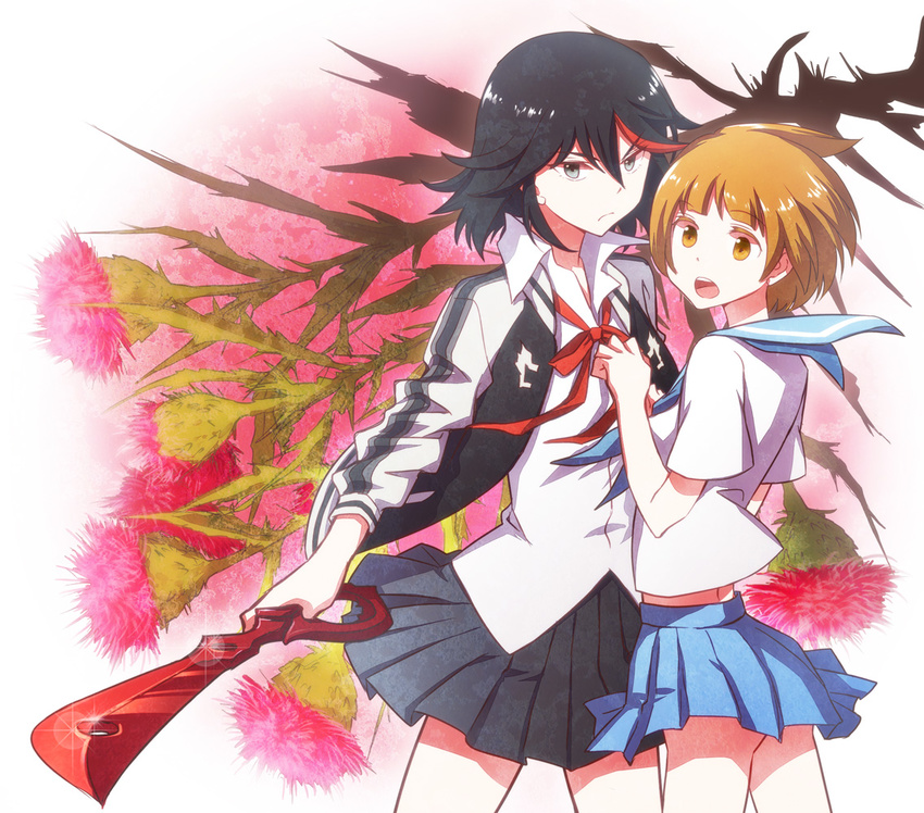 aihara_kaya bad_id bad_pixiv_id black_hair blue_eyes blue_sailor_collar blue_skirt brown_eyes brown_hair flower jacket kill_la_kill letterman_jacket mankanshoku_mako matoi_ryuuko multiple_girls ribbon sailor_collar school_uniform scissor_blade serafuku short_hair skirt sword weapon