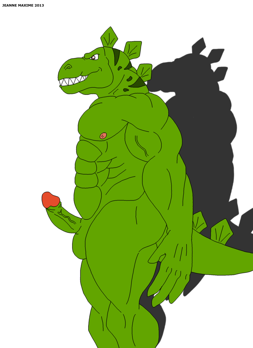 2013 abs anthro balls biceps big_muscles dinosaur erection extreme_dinosaurs fangs green_skin male maxime-jeanne muscles nipples nude pecs penis pose reptile sauropod scales scalie smile solo standing stegosaurus stegz_(extreme_dinosaurs) vein